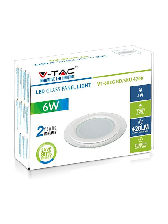 V-TAC Rotund Sticlă Spot Încorporat cu LED Integrat și Lumină Alb Rece 6W 6400K Alb 10x10cm. 1buc