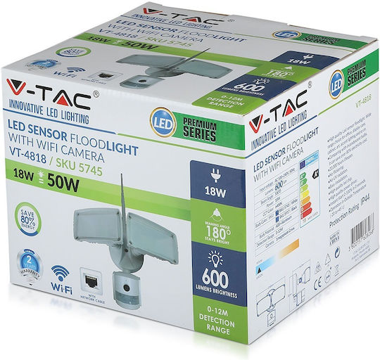 V-TAC Στεγανός Προβολέας LED 18W Ψυχρό Λευκό 6000K WiFi με Αισθητήρα Κίνησης IP66