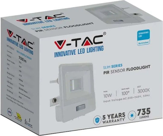 V-TAC Στεγανός Προβολέας LED 10W Φυσικό Λευκό 4000K με Αισθητήρα Κίνησης IP65