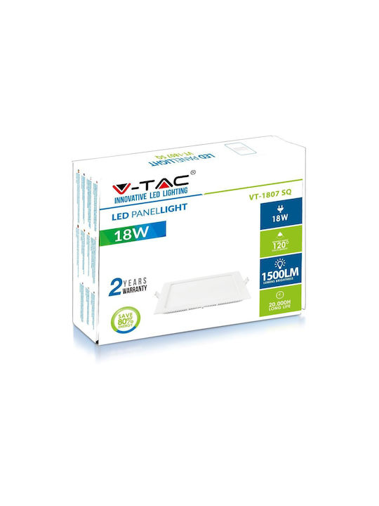 V-TAC Τετράγωνο Χωνευτό LED Panel 18W με Φυσικό Λευκό Φως 4000K 22.5x22.5εκ.