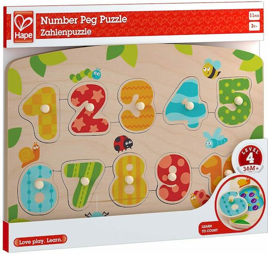 Lemnos Puzzle pentru Copii cu Îmbinări Happy Peg Numere pentru 3+ Ani 10buc Hape