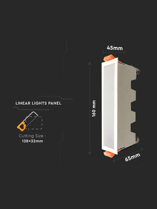 V-TAC Παραλληλόγραμμο Χωνευτό LED Panel 10W με Θερμό Λευκό Φως 3000K 16x4.5εκ.