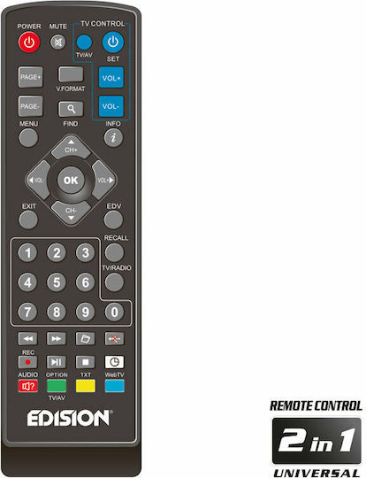 Edision Picco T265+ 01-07-0025 Ψηφιακός Δέκτης Mpeg-4 Full HD (1080p) με Λειτουργία PVR (Εγγραφή σε USB) Σύνδεσεις SCART / HDMI / USB