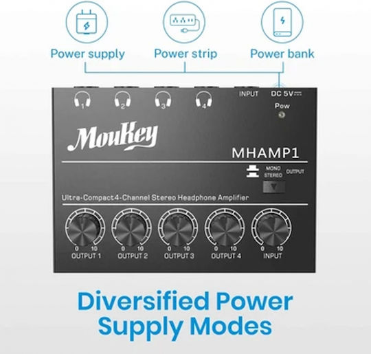 Moukey MHAMP-1 Portable Analog Headphone Amplifier 4 Channels with Jack 6.3mm