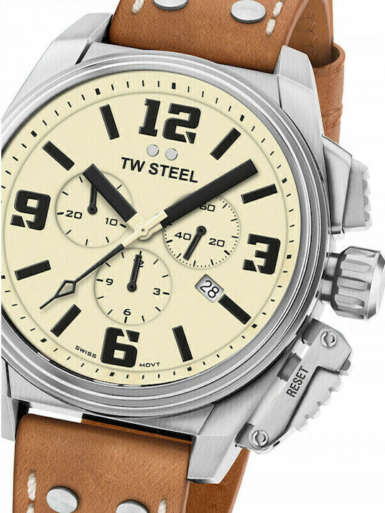 TW Steel Canteen Men's Watch 46mm Chronograph Battery with Brown Leather Strap