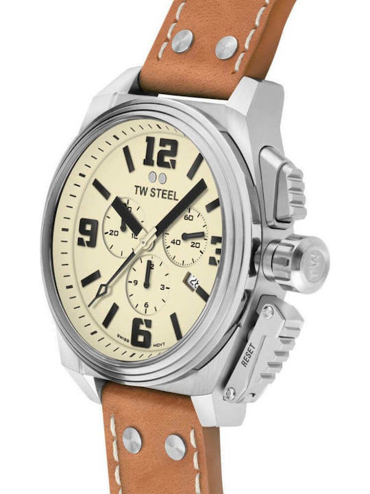 TW Steel Canteen Men's Watch 46mm Chronograph Battery with Brown Leather Strap