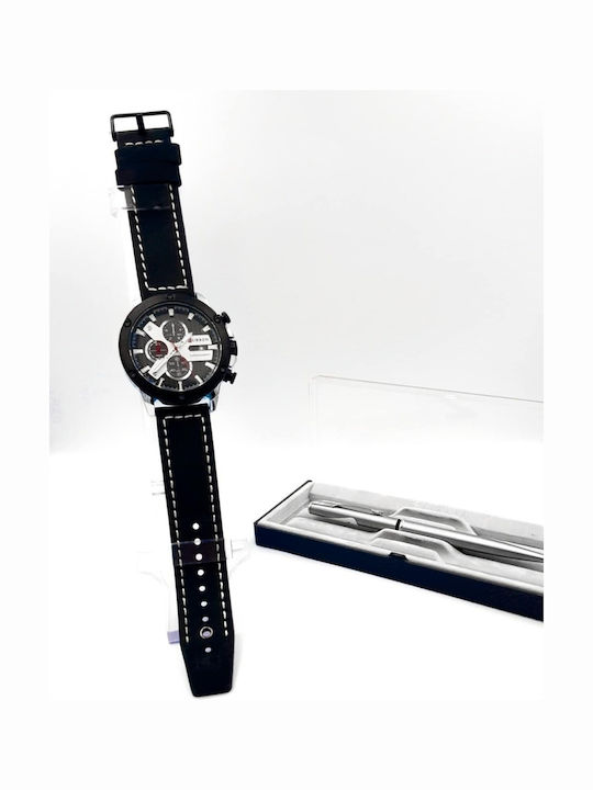Curren Herrenuhr 48mm Chronograph Batterie mit Lederarmband Black / Silver
