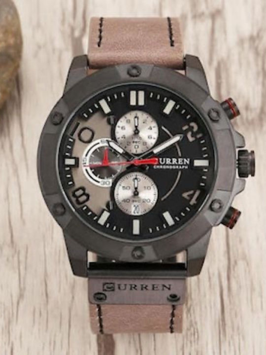 Curren Ανδρικό Ρολόι 48mm Χρονογράφος Μπαταρίας με Μπεζ Δερμάτινο Λουράκι