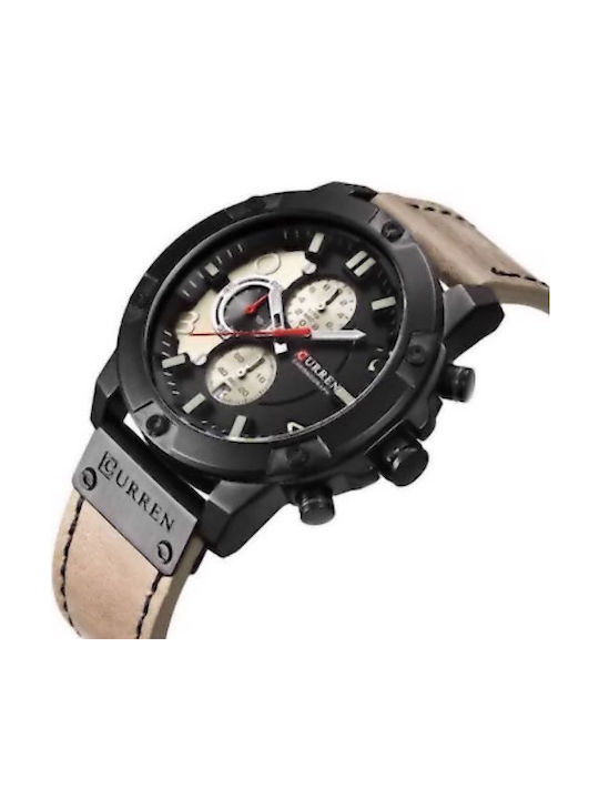 Curren Ανδρικό Ρολόι 48mm Χρονογράφος Μπαταρίας με Μπεζ Δερμάτινο Λουράκι