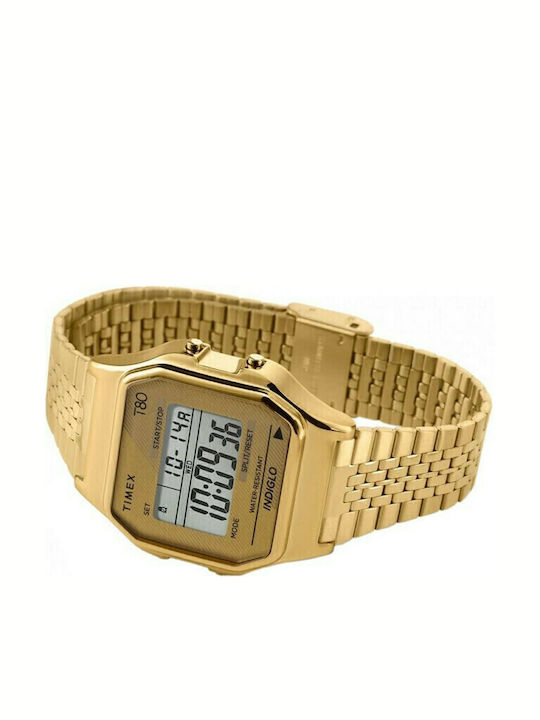 Timex T80 Ψηφιακό Ανδρικό Ρολόι 34mm Μπαταρίας με Χρυσό Μεταλλικό Μπρασελέ
