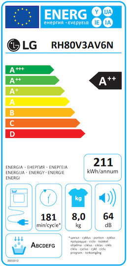 LG RH80V3AV6N Uscător de rufe 8kg A++ cu pompă de căldură