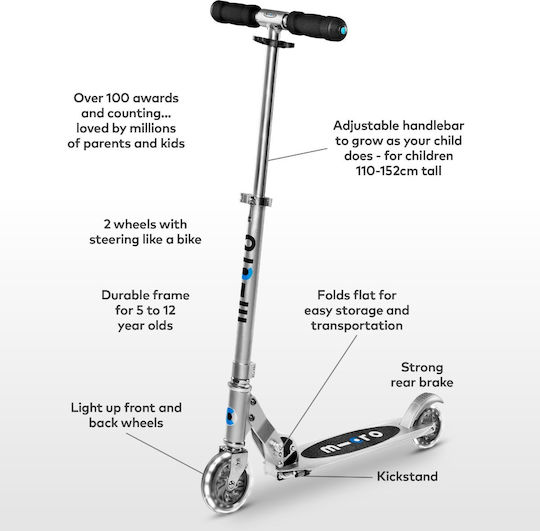 Micro Kids Foldable Scooter Sprite LED 2-Wheel for 6+ Years Silver