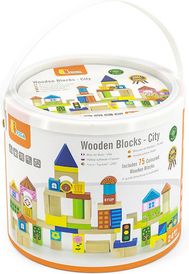 Viga Toys Building Blocks 'City' in Bucket Wooden for 2+ Years 75 Pieces