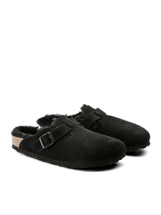 Boston Shearling Χειμερινές Ανδρικές Παντόφλες με Γούνα Μαύρες