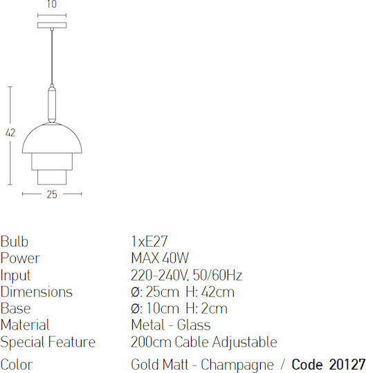Zambelis Lights Adjustable Pendant Light Rose Gold Bell with Socket E27 25x25x42cm