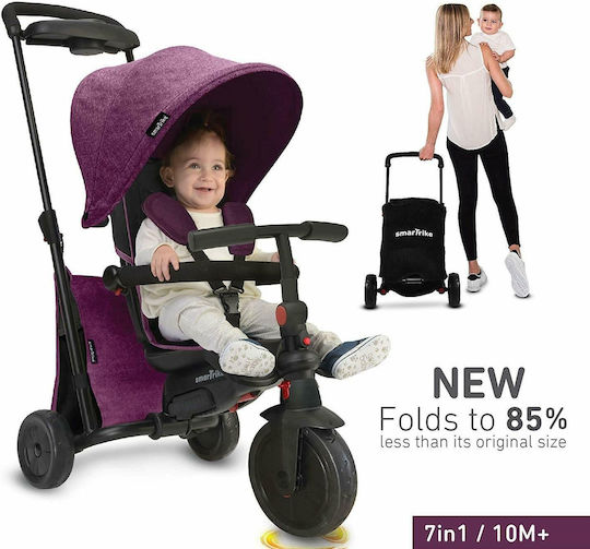 Smart Trike Kids Tricycle Bicycle Folding 500 Foldable, Convertible with Parental Handle & Tent for 9+ Months Purple