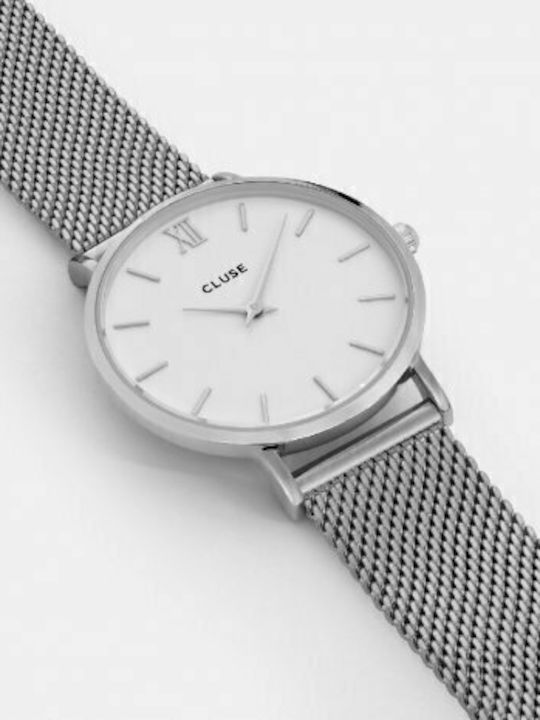 Cluse Minuit Γυναικείο Ρολόι 33mm Μπαταρίας με Ασημί Μεταλλικό Μπρασελέ