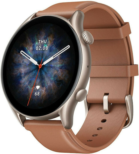 Amazfit GTR 3 Pro Aluminium 46mm Waterproof Smartwatch with Heart Rate Monitor (Brown Leather)