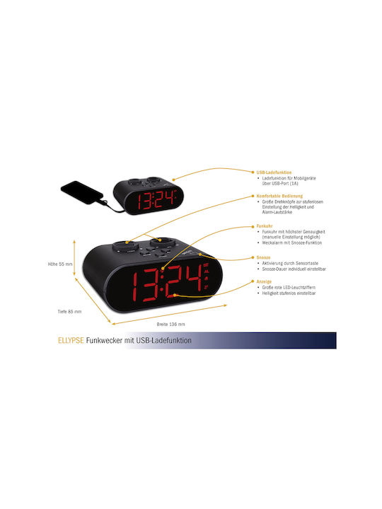 TFA Ellypse Tabletop Digital Clock with Alarm Black and USB Charging Function 60.2551.01