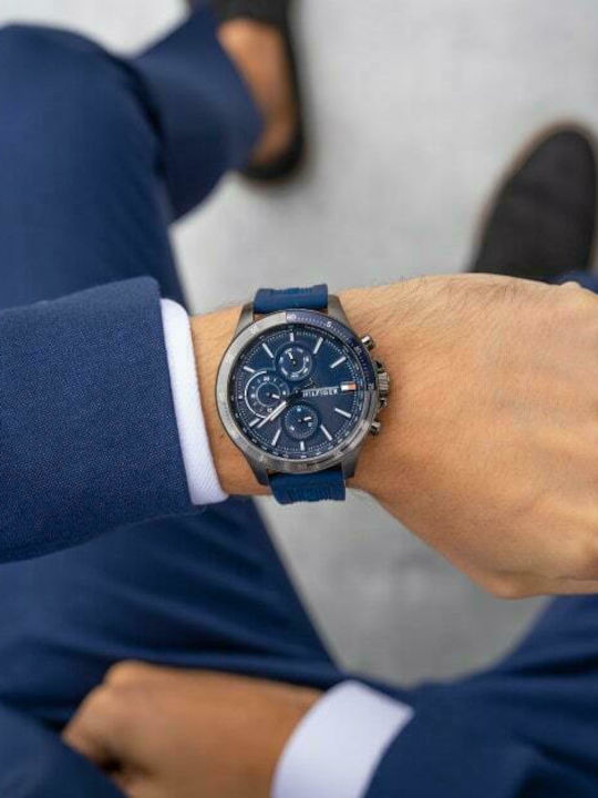 Tommy Hilfiger Bank Ανδρικό Ρολόι 46mm Χρονογράφος Μπαταρίας με Μπλε Καουτσούκ Λουράκι