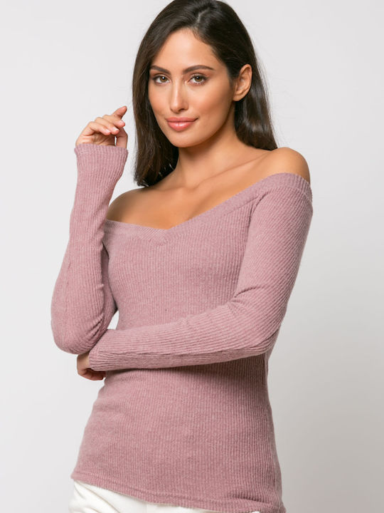 Damen Bluse Schulterfrei Langärmelig Rosa
