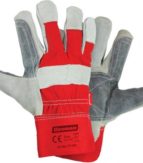 Benman Gloves for Work Garden Red Leather/Cotton General Use 1pcs