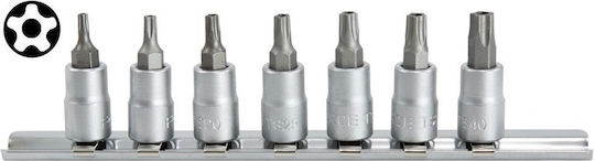 Force Set Sockets 1/4" Torx with Hole Walnut with Torx Head and Socket 1/4'' T10 / T15 / T20 / T25 / T27 / T30 / T40x55mm / 65mm / 70mm 7pcs
