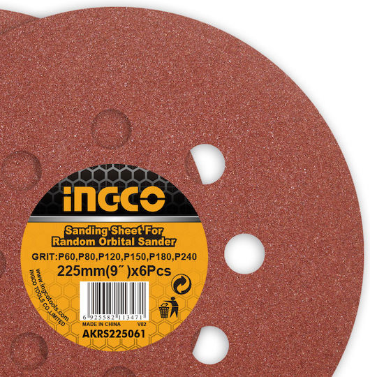 Ingco Orbital Sander Sanding Sheet K120 / K150 / K180 / K240 / K60 / K80 with 8 Holes 225x225mm Set 6pcs with Velcro