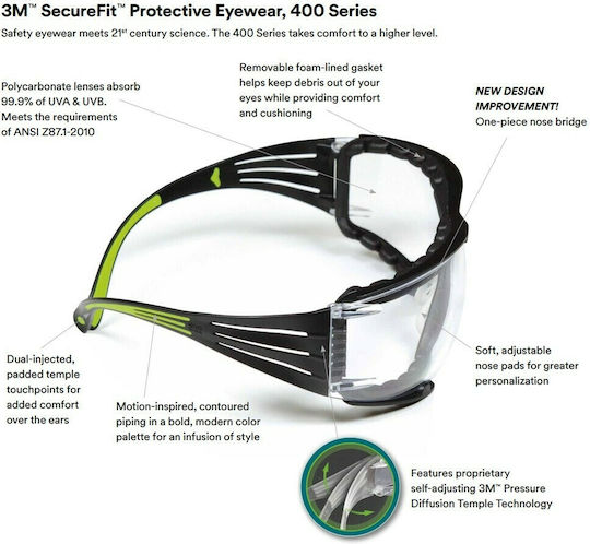 3M SecureFit SF400 Ochelari de Protecție pentru Muncă cu Transparenți Lentile Reflectori 1buc