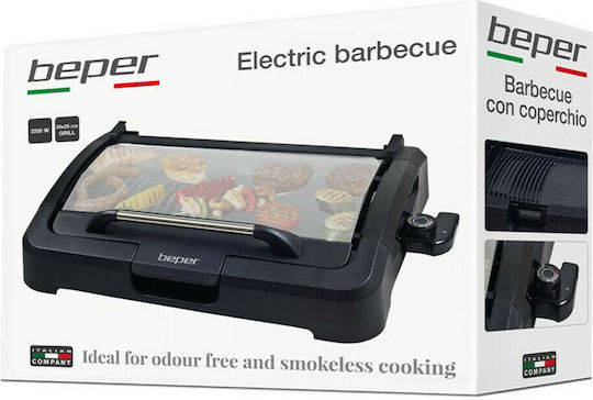 Beper Tabletop Electric Grill Smooth and Ribbed Plate 2200W with Lid and Adjustable Thermostat 39cmx29cmcm