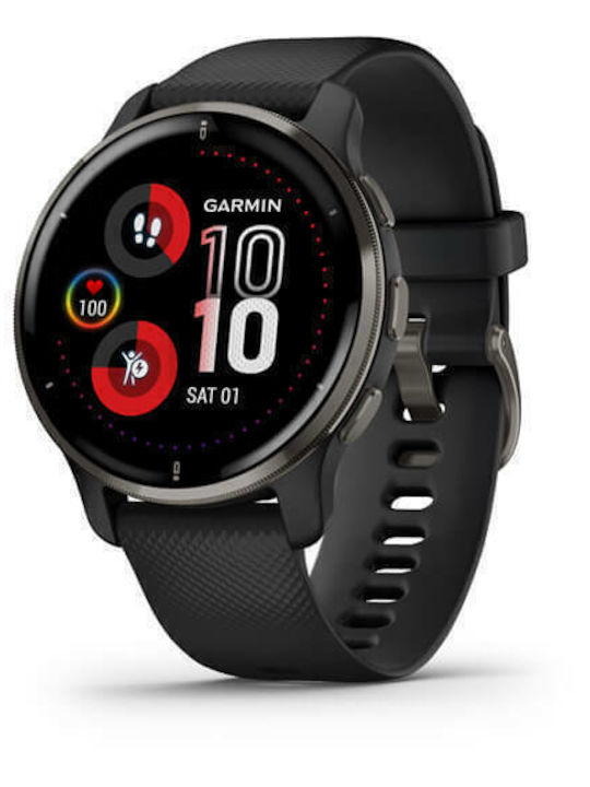 Garmin Venu 2 Plus Oțel inoxidabil 43mm Rezistent la apă Ceas inteligent cu pulsometru (Slate Stainless Steel Bezel cu carcasă neagră și bandă de silicon)