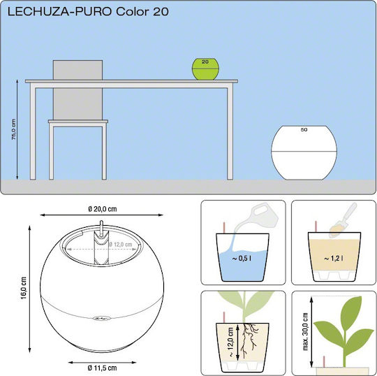Lechuza Puro Self-watering Pot Plastic 20x20x16cm.