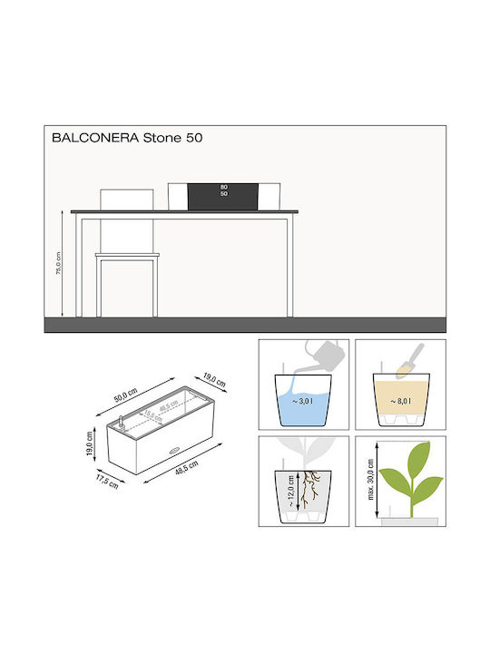 Lechuza Balconera Stone Self-watering Planter Box Plastic White 50x19x19cm.