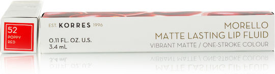 Korres Morello Matte Lasting Lip Fluid Дълготраен Течен Червило Мат 52 Маково червено 3.4мл