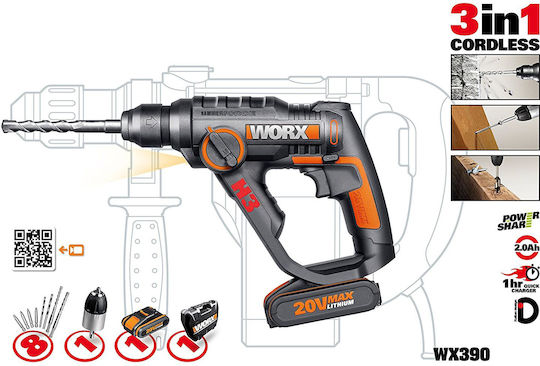 Worx WX390.1 Impact Demolition Hammer Battery 20V 2x2Ah with Chuck SDS Plus / Quick WX390.1