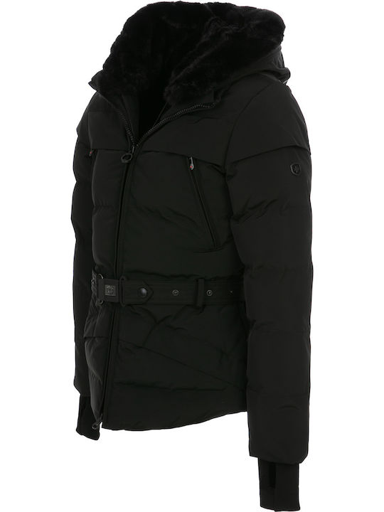 Tivana Kurz Damen Puffer Jacke mit pelziger Kapuze für Winter Schwarz