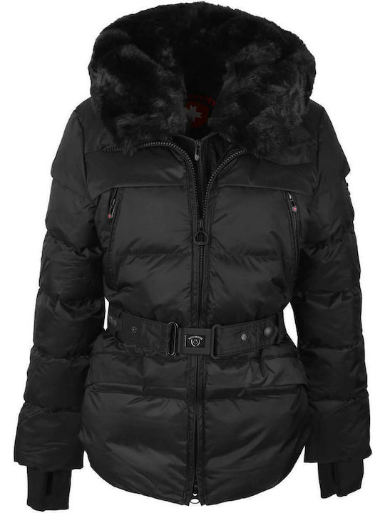 Tivana Kurz Damen Puffer Jacke mit pelziger Kapuze für Winter Schwarz
