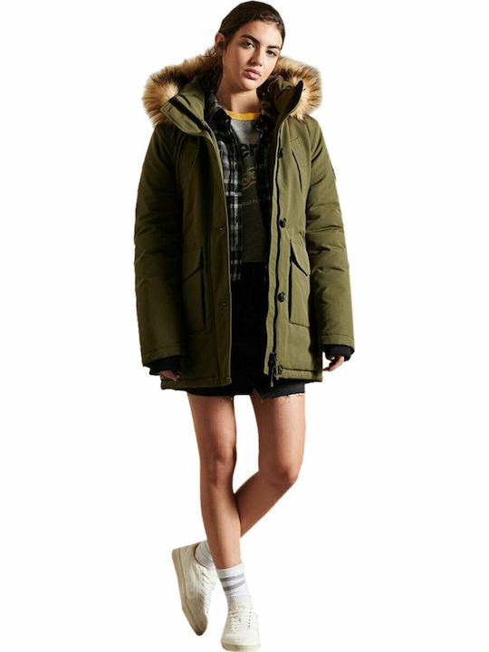 Everest Lang Damen Parka Jacke mit pelziger Kapuze für Winter Khaki