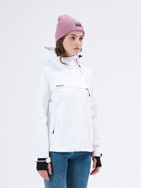 Women's Short Sports Jacket Waterproof and Windproof for Winter with Hood White