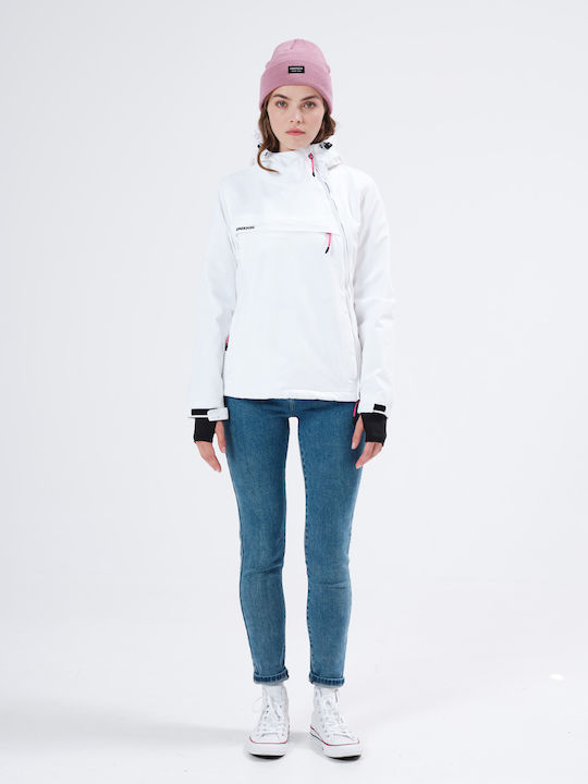 Women's Short Sports Jacket Waterproof and Windproof for Winter with Hood White