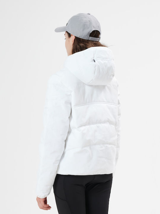 Women's Short Puffer Jacket Waterproof and Windproof for Winter with Hood White