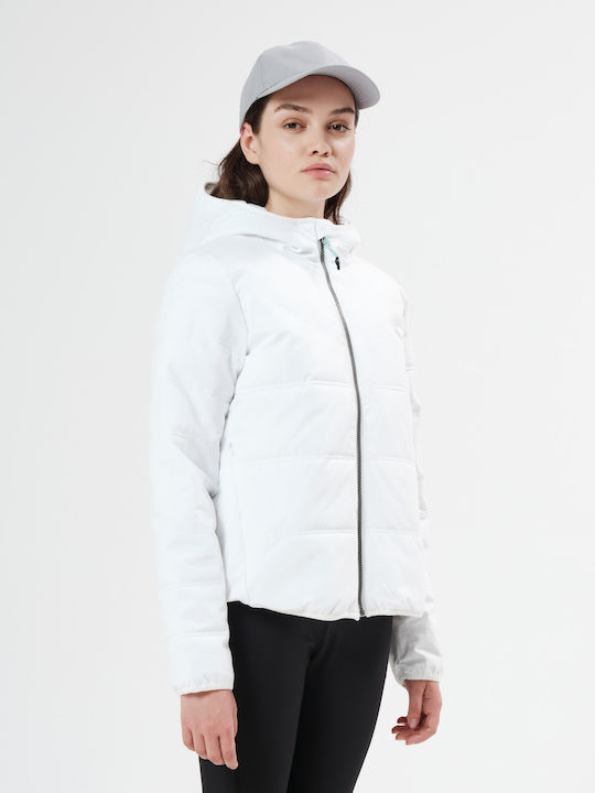 Women's Short Puffer Jacket Waterproof and Windproof for Winter with Hood White