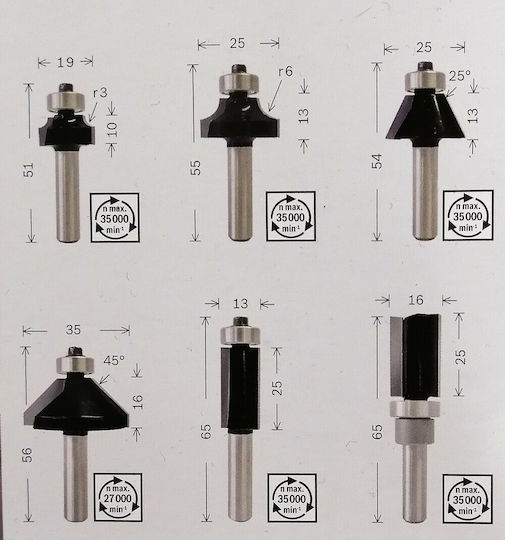 Bosch Set of Router Bits Cutter Set Carbide for Groove Shaping in Wood 8mm 6pcs