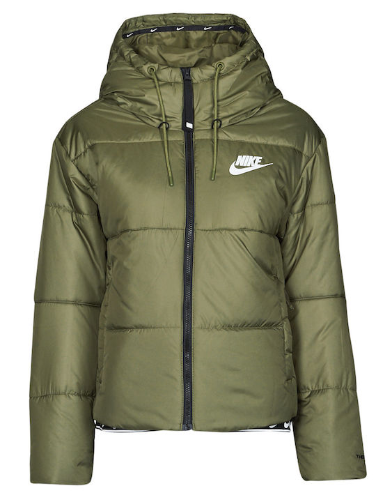 Sportswear Women's Short Puffer Jacket for Winter with Hood Khaki