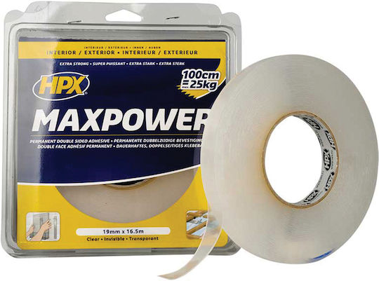 HPX Max Power Transparent Αυτοκόλλητη Ταινία Διπλής Όψης Διάφανη 5mx19mm