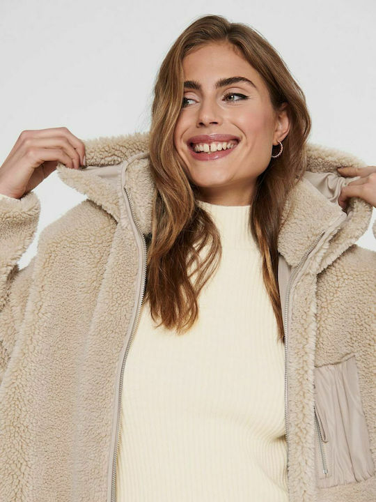 Sherpa Women's Beige Coat Oversized Teddy with Hood & Fur Details