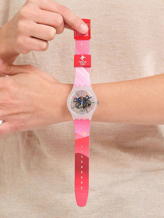 Swatch Red Rivers And Mountains Damen Uhr mit Kautschukarmband