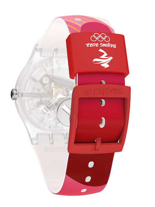 Swatch Red Rivers And Mountains Damen Uhr mit Kautschukarmband