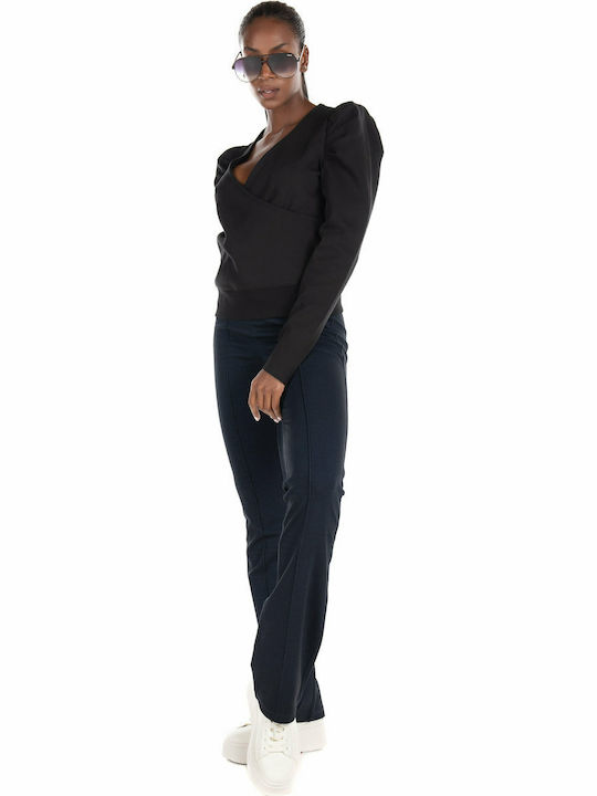 Wrap Women's Blouse Cotton Long Sleeve with V Neckline Black