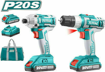 Total Set Drill Driver & Impact Screwdriver 20V with 2 Batteries 2Ah and Case